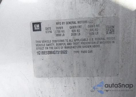 2016 Chevrolet Cruze Lt Auto из США, поврежденный, VIN 1G1BE5SM4G7319922